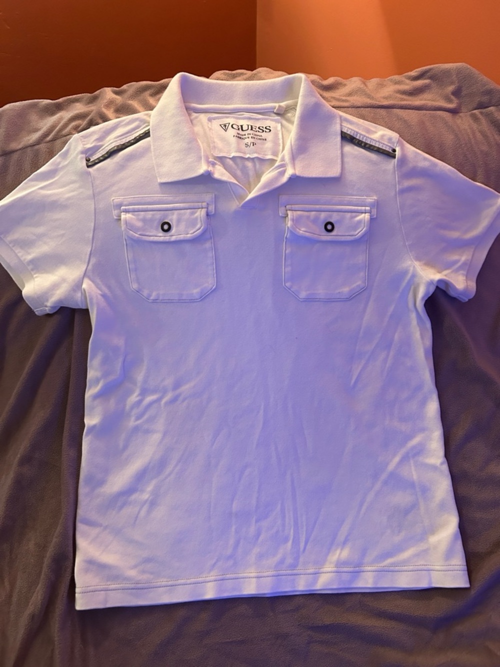 GUESS White Short Sleeve Polo with Dual Chest Flap Pockets